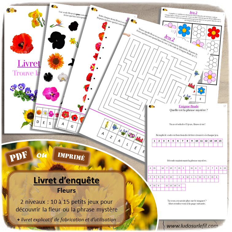 Livret d'enquête - Fleurs - Printemps et Nature - Cahier thématique multi jeux pour trouver mot ou phrase mystère avec indices glanés au fil des jeux - cahier d'activités - 2 niveaux - Maternelle et cycle 2 - document PDF à télécharger ou à imprimer ou jeu imprimé - lslf