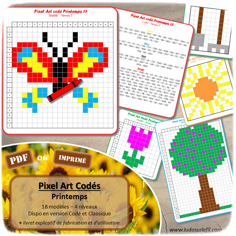 Pixel art codé - Kit printemps - 18 pixel art version classique et version codée - repérage espace, tableau, quadrillage avec coordonnées - 4 niveaux de difficulté progressive - fleurs, arbres, météo, insectes, jardinage, oiseaux - document pédagogique PDF à télécharger et à imprimer ou jeu imprimé - lslf