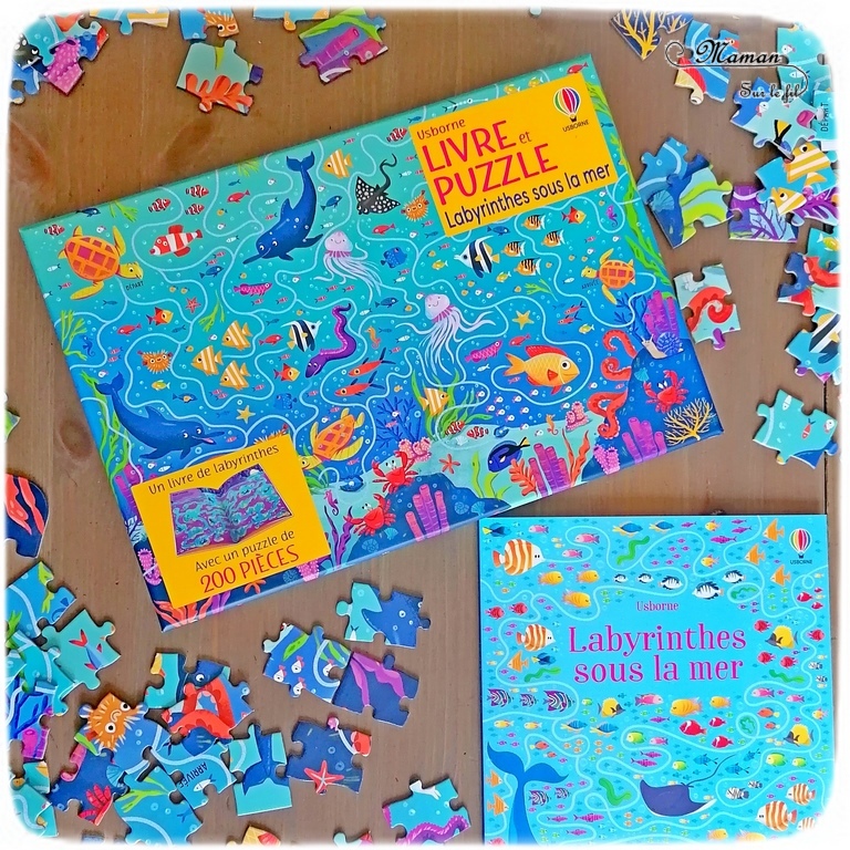 Coffret Livre et Puzzle - Labyrinthes sous la mer chez Usborne - Puzzle de 200 pièces avec labyrinthe sur le thème de la mer et des océans - Cahier de jeux de labyrinthes - Animaux marins - test et avis - Saisons et été - Elémentaire cycle 2 mslf