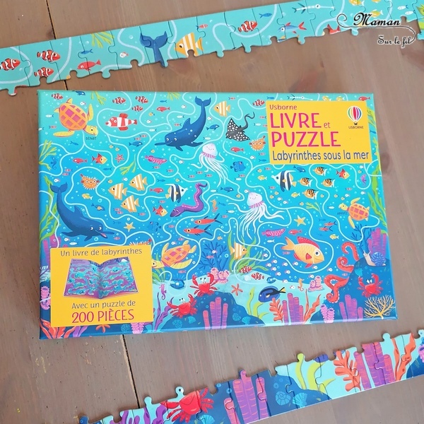 Coffret Livre et Puzzle - Labyrinthes sous la mer chez Usborne - Puzzle de 200 pièces avec labyrinthe sur le thème de la mer et des océans - Cahier de jeux de labyrinthes - Animaux marins - test et avis - Saisons et été - Elémentaire cycle 2 mslf