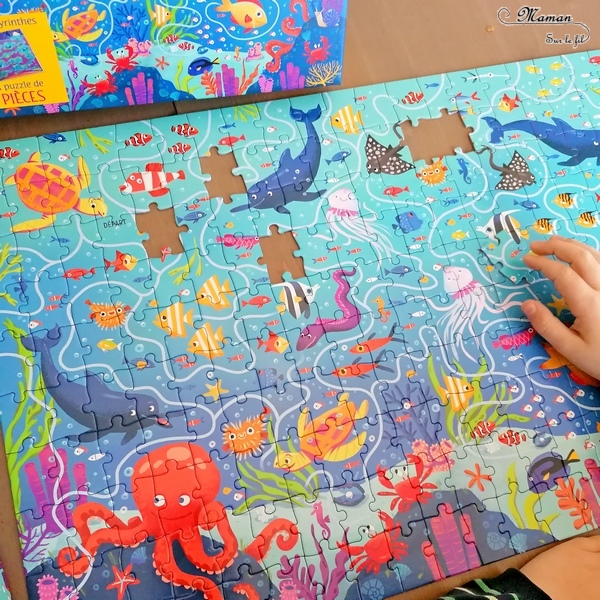 Coffret Livre et Puzzle - Labyrinthes sous la mer chez Usborne - Puzzle de 200 pièces avec labyrinthe sur le thème de la mer et des océans - Cahier de jeux de labyrinthes - Animaux marins - test et avis - Saisons et été - Elémentaire cycle 2 mslf