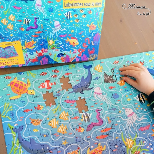 Coffret Livre et Puzzle - Labyrinthes sous la mer chez Usborne - Puzzle de 200 pièces avec labyrinthe sur le thème de la mer et des océans - Cahier de jeux de labyrinthes - Animaux marins - test et avis - Saisons et été - Elémentaire cycle 2 mslf