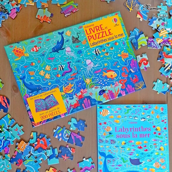 Coffret Livre et Puzzle - Labyrinthes sous la mer chez Usborne - Puzzle de 200 pièces avec labyrinthe sur le thème de la mer et des océans - Cahier de jeux de labyrinthes - Animaux marins - test et avis - Saisons et été - Elémentaire cycle 2 mslf