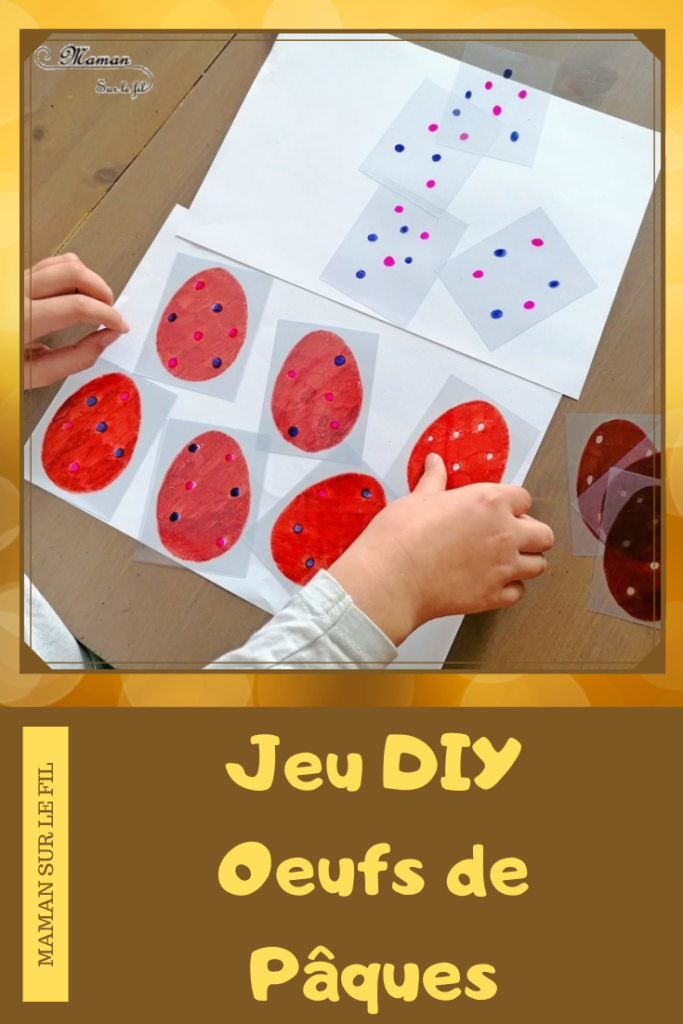 Activité manuelle et créative enfants - Fabriquer un jeu DIY autour des oeufs de Pâques - Logique, observation et discrimination visuelle - Transparents et dessin - Colore les points des oeufs en chocolat - jeu de superposition - Bricolage Fait Maison - Feuilles plastiques transparentes - Marqueurs permanents - Bricolage et Créativité - Maternelle et élémentaire - Cycles 1 et 2 - Atelier autonome - mslf