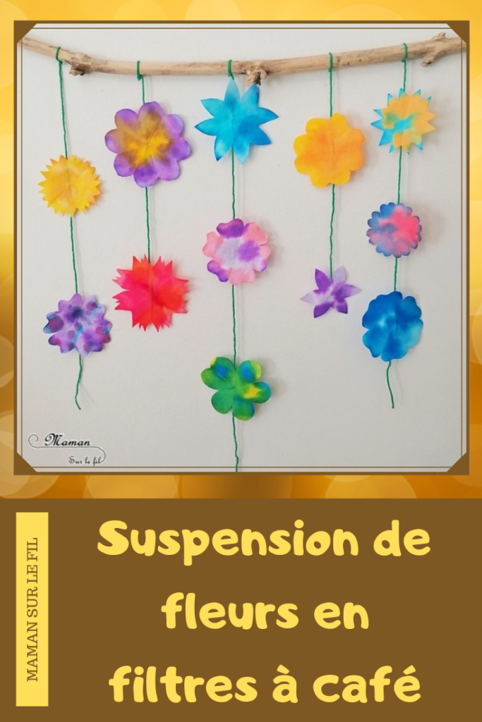 Activité manuelle et créative enfants - Créer une suspension de fleurs avec des filtres à café et de l'encre - Motricité fine, encre et pipettes - Mélange de couleurs - Printemps - Laine et Printemps - Décoration DIY et Fait Maison - Découpage - Créativité - arts visuels Elémentaire, maternelle, Cycle 1, 2 - Nature - mslf