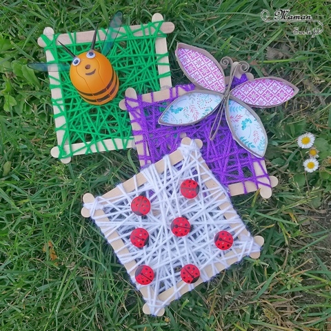 Activité manuelle et créative enfants - Créer des petits cadres en laine et récup' - Bâtonnets de bois de glace recyclage - Insectes : abeille avec un oeuf Kinder - Coccinelles en boutons - Papillon en rouleau de pq en carton et en papier - Printemps - Décoration DIY et Fait Maison - Créativité - arts visuels Elémentaire, maternelle, Cycle 1, 2 - Nature - mslf