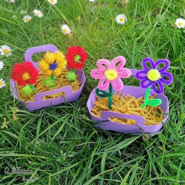 Activité manuelle et créative enfants - Fabriquer des mini jardinières de fleurs en récup - Petits paniers en carton - Recyclage - Peinture - Fleurs en fils chenille et pompons - Laine et découpage - Printemps - Décoration DIY et Fait Maison - Créativité - arts visuels Elémentaire, maternelle, Cycle 1, 2 - Nature - mslf