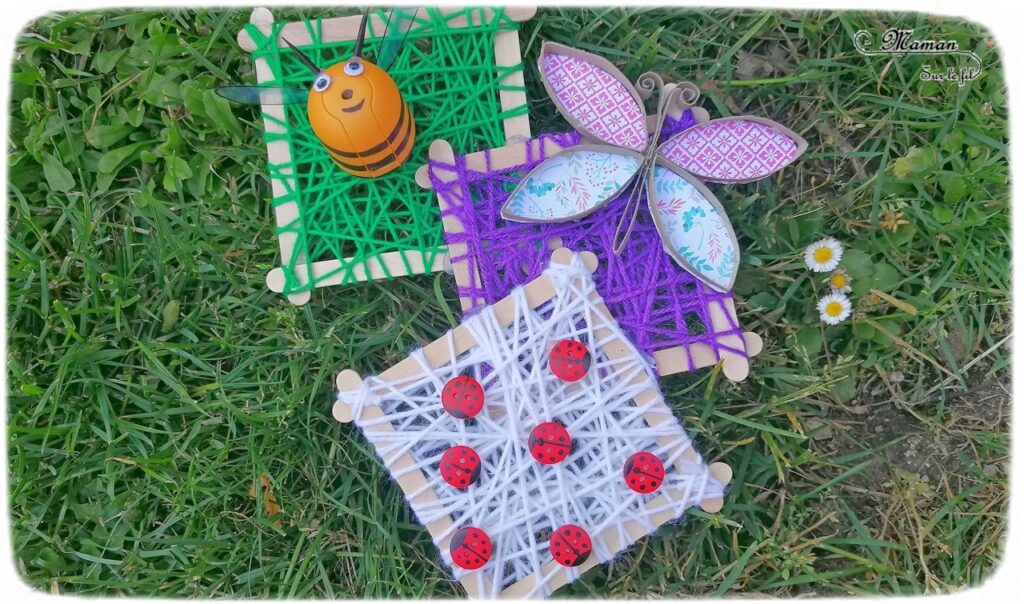 Activité manuelle et créative enfants - Créer des petits cadres en laine et récup' - Bâtonnets de bois de glace recyclage - Insectes :  abeille avec un oeuf Kinder - Coccinelles en boutons - Papillon en rouleau de pq en carton et en papier - Printemps - Décoration DIY et Fait Maison - Créativité - arts visuels Elémentaire, maternelle, Cycle 1, 2 - Nature - mslf