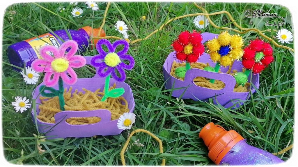 Activité manuelle et créative enfants - Fabriquer des mini jardinières de fleurs en récup - Petits paniers en carton - Recyclage - Peinture - Fleurs en fils chenille et pompons - Laine et découpage - Printemps - Décoration DIY et Fait Maison - Créativité - arts visuels Elémentaire, maternelle, Cycle 1, 2 - Nature - mslf