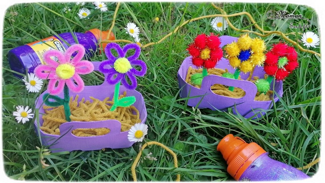 Activité manuelle et créative enfants - Fabriquer des mini jardinières de fleurs en récup - Petits paniers en carton - Recyclage - Peinture - Fleurs en fils chenille et pompons - Laine et découpage - Printemps - Décoration DIY et Fait Maison - Créativité - arts visuels Elémentaire, maternelle, Cycle 1, 2 - Nature - mslf