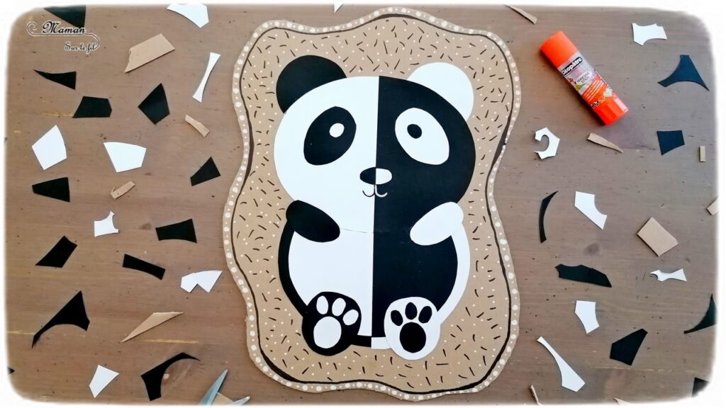 Activité créative et manuelle enfants - Panda symétrique  Noir et Blanc - Cadre en carton de récup' et graphisme en noir et blanc - Graphique et dessin - Prémices à l'écriture - Découpage collage et motricité fine - Géométrie et symétrie - Créativité - Asie et Chine - Découverte d'un pays - Espace et géographie - arts visuels et atelier maternelle et Cycle 1 et 2 - animaux de la montagne - mslf