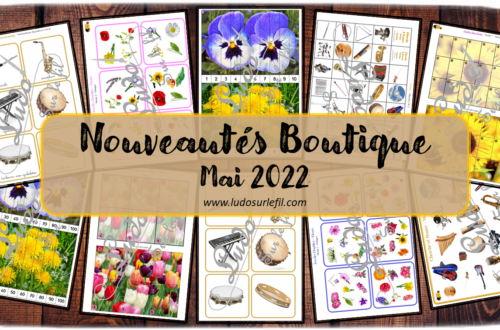 Nouveautés mai 2022 - Boutique en ligne Ludo sur le fil - fichiers jeux pdf à télécharger et imprimer ou jeux imprimés envoyés à domicile - Fleurs, Plantes et Printemps - Musique et instruments - Jeu des doubles, dooble, puzzles numériques, puzzle trac, jeu type Shut the box, fermer la boite - Cherche et trouve et Cartes de nomenclature et classifiées type Montessori - mathématiques et vocabulaire - atelier autocorrectif multi niveaux donc progressif - Vocabulaire, lexique - Maternelle Cycle 2 - Autonomie - mslf