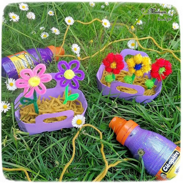 Activité manuelle et créative enfants - Fabriquer des mini jardinières de fleurs en récup - Petits paniers en carton - Recyclage - Peinture - Fleurs en fils chenille et pompons - Laine et découpage - Printemps - Décoration DIY et Fait Maison - Créativité - arts visuels Elémentaire, maternelle, Cycle 1, 2 - Nature - mslf