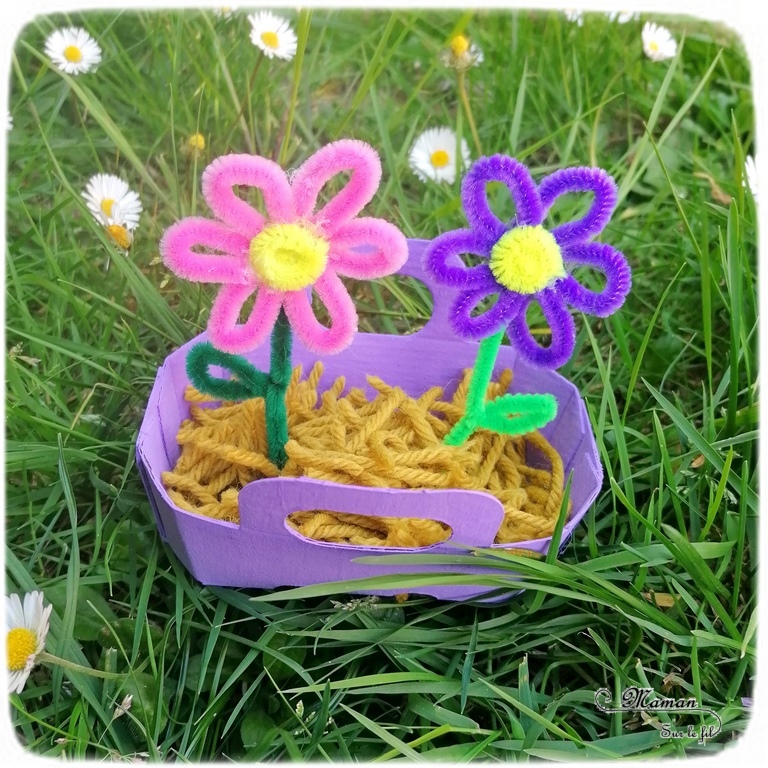 Activité manuelle et créative enfants - Fabriquer des mini jardinières de fleurs en récup - Petits paniers en carton - Recyclage - Peinture - Fleurs en fils chenille et pompons - Laine et découpage - Printemps - Décoration DIY et Fait Maison - Créativité - arts visuels Elémentaire, maternelle, Cycle 1, 2 - Nature - mslf