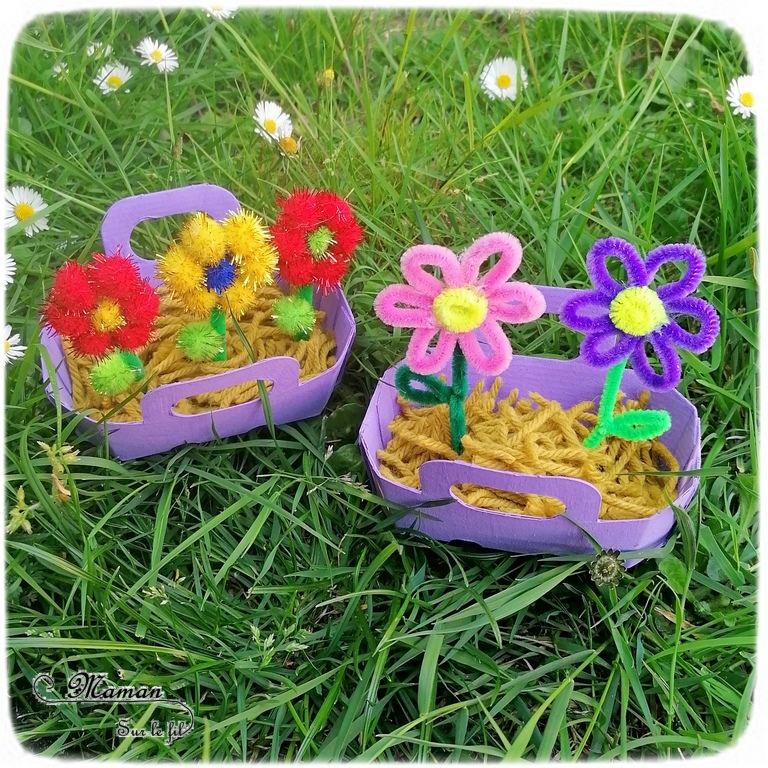 Activité manuelle et créative enfants - Fabriquer des mini jardinières de fleurs en récup - Petits paniers en carton - Recyclage - Peinture - Fleurs en fils chenille et pompons - Laine et découpage - Printemps - Décoration DIY et Fait Maison - Créativité - arts visuels Elémentaire, maternelle, Cycle 1, 2 - Nature - mslf