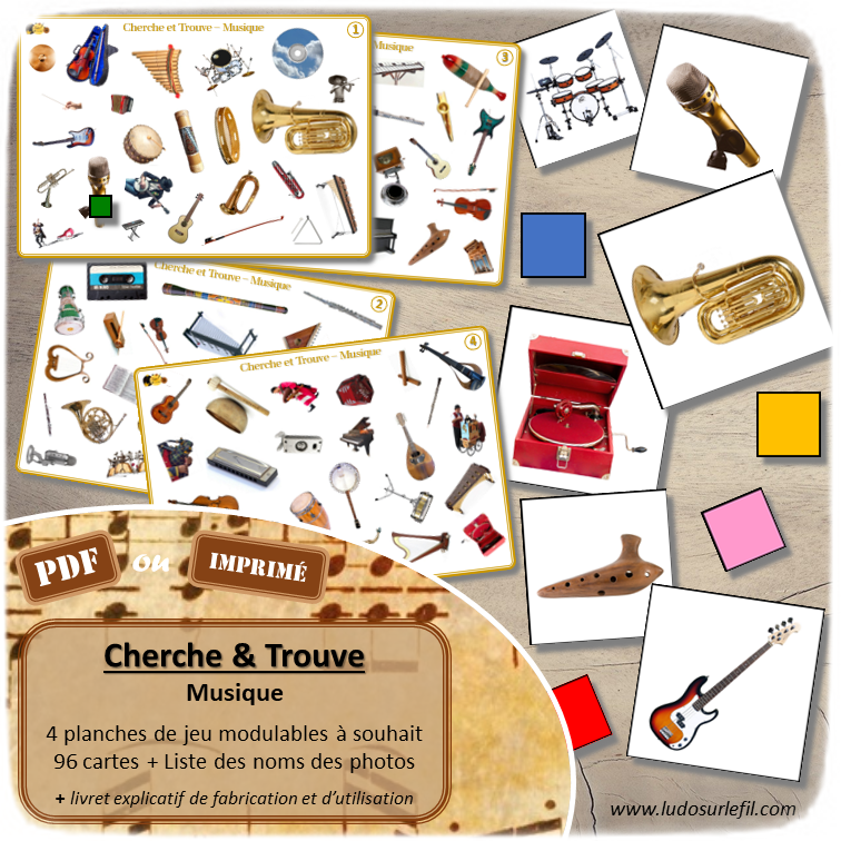 Cherche et Trouve - Lynx - Musique et instruments - 4 planches pour un plateau modulable à souhait et différents niveaux de jeu - jusqu'à 96 cartes à trouver - jeu observation et rapidité - PDF à télécharger et à imprimer ou jeu imprimé - atelier maternelle - Photos sur fond blanc - Fête - Noms des instruments et images - lslf