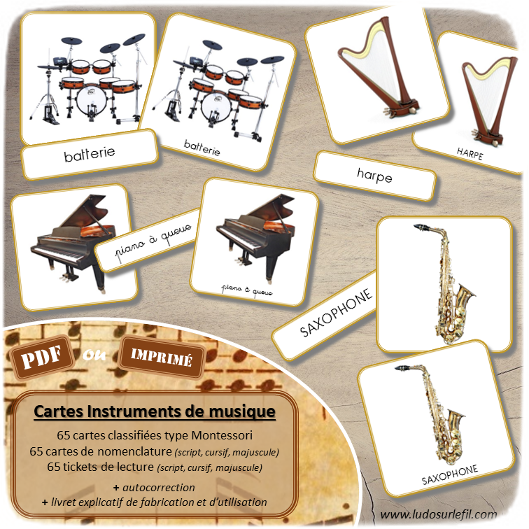 Jeu de cartes type Montessori (classifiées et de nomenclature) - Instruments de musique (à vent, à cordes, percussions) - connus et moins connus - Fête de la musique - Photos sur fond blanc - Autocorrection au dos (noms pour lecteurs, symboles pour non lecteurs) - 3 graphies disponibles - Script, majuscule, cursif - Document PDF à télécharger et imprimer ou jeu imprimé - Classification - 65 cartes - Tickets de lecture - atelier autocorrectif maternelle élémentaire - Cycle 1 ou 2 - discrimination visuelle, observation, culture générale, lecture de mots, langage oral, lexique - lslf