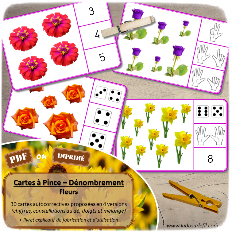 Jeu de cartes à pince de dénombrement de 1 à 15 - Thème Fleurs et printemps - 30 cartes autocorrectives avec différentes représentations des nombres - constellations du dé, chiffres, doigts de la main, mélangé - compter de 1 à 15 - 120 cartes réparties en 4 niveaux de difficulté - progressif - Autocorrection au dos - Atelier autonome maternelle ou élémentaire - Cycles 1 et 2 - Document PDF à télécharger et imprimer ou jeu imprimé - Motricité fine et pince Pouce-Index avec pinces à linge - ludique - lslf