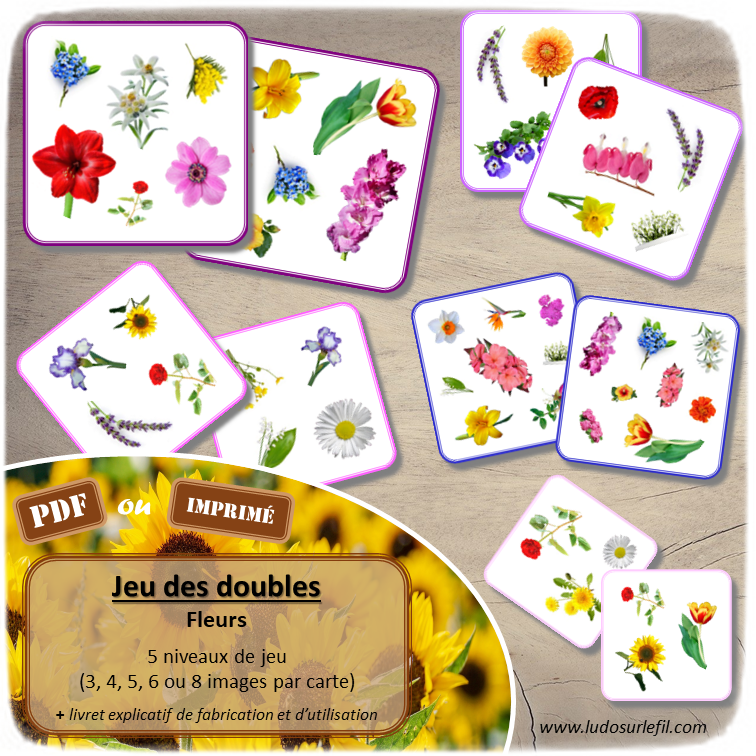 Jeu des doubles - fleurs et plantes - du jardin, des balcons, des champs, exotiques - 5 niveaux progressifs (3 4 5 6 ou 8 images) - Printemps - Dobble - jeu pour travailler la discrimination visuelle, la rapidité l'observation et le lexique / vocabulaires des végétaux - Document PDF à télécharger et à imprimer ou jeu imprimé - lslf