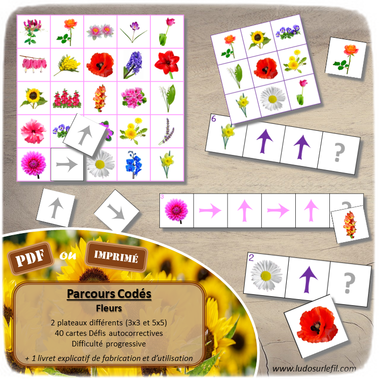 Suis les parcours codés - Fleurs - Printemps - codage, repérage et vocabulaire spatial - jeu et atelier autonome et autocorrectif Maternelle (Cycle 1) et Primaire (Cycle 2) - Niveaux et difficulté progressifs - PDF à télécharger et à imprimer ou jeu imprimé - difficulté progressive et solutions - lslf