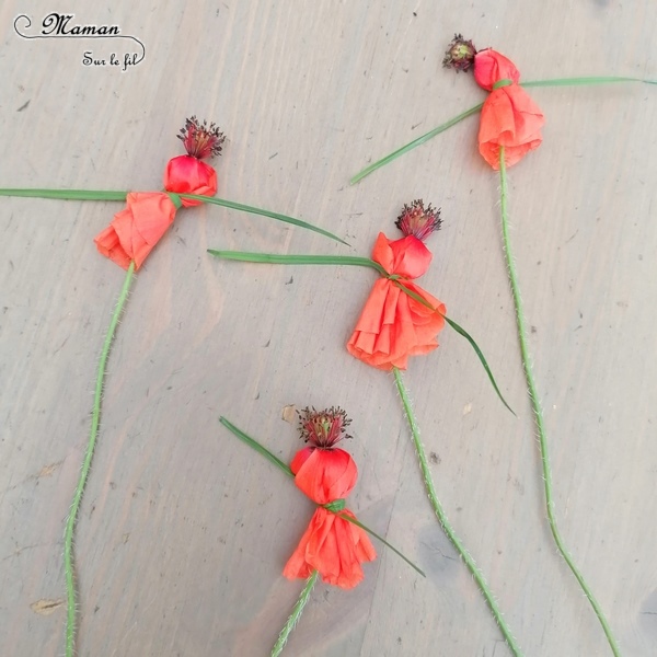 Activité créative et manuelle enfants - Fabriquer des danseuses avec des coquelicots - Land Art - Bricolage facile avec des fleurs - poétique - Fleurs et Printemps - facile rapide et rigolo - Poésie et magie - Nature, cueillette et fleurs du jardin - Land art - Art éphémère - Activité nature de saisons - Printemps - Elémentaire, maternelle, Cycle 1, 2 - mslf