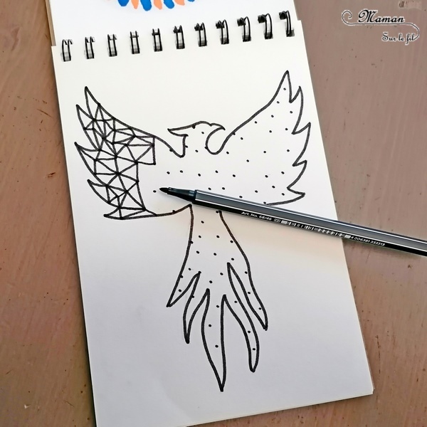 Activité créative et manuelle enfants et adultes - Phoenix géométrique en triangles et graphisme - A la découverte de art-thérapie et du concept du zentangle - Dessin et coloriage en Noir et Blanc - Graphisme - Détente relaxation temps pour soi - Traiter anxiété et stress - Créativité - arts visuels et atelier maternelle et élémentaire - adaptable pour Cycle 1, 2, 3 - émotions - géographie, asie et Chine - animaux légendaires et imaginaires - oiseau de feu - mslf