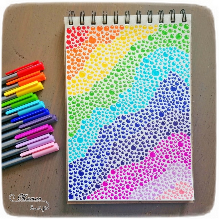 Récapitulatif Idées de dessins de Art-Thérapie - Zen Art ou encore Zentangle - Inspiration - Noir et blanc et couleurs - idées activités enfants et adultes - Dessin, graphisme, coloriage - Relaxation, émotions, gestion du stress et des angoisses - récap sur le fil - Bulles arc-en-ciel - mslf