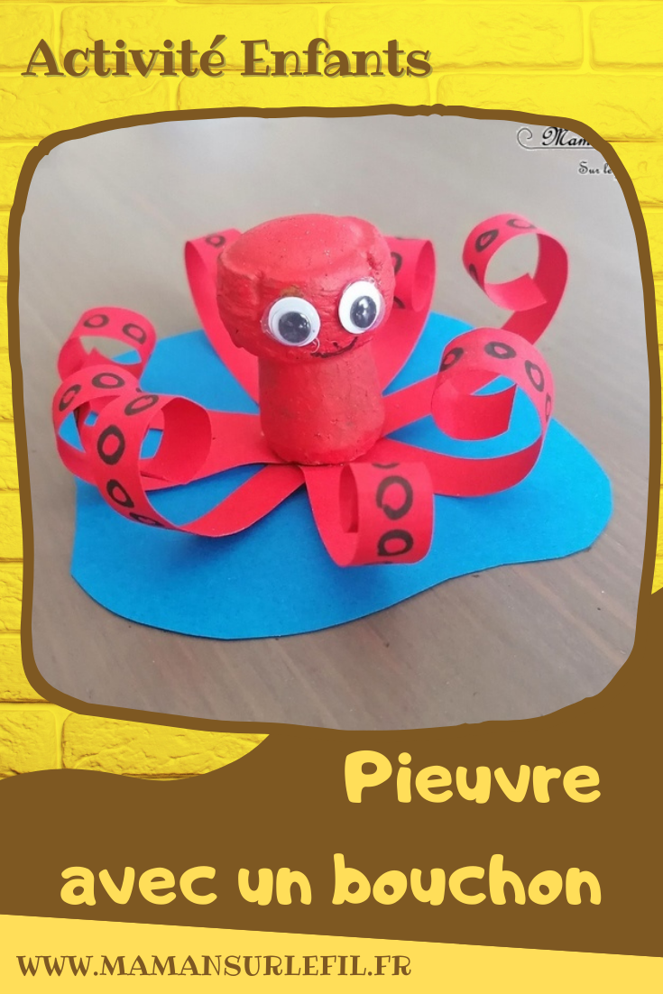 Activité créative et manuelle enfants - Pieuvre rouge en récup' - Fabriquer un poulpe avec un bouchon en liège et des bandes de papier - Peinture - Motricité fine pour papier enroulé - Graphisme pour cercles des tentacules - Bricolage rapide et facile - Yeux mobiles - Thèmes animaux marins, plage et été - Surcyclage et Créativité - arts visuels et atelier maternelle et Cycle 1 et 2 - mslf