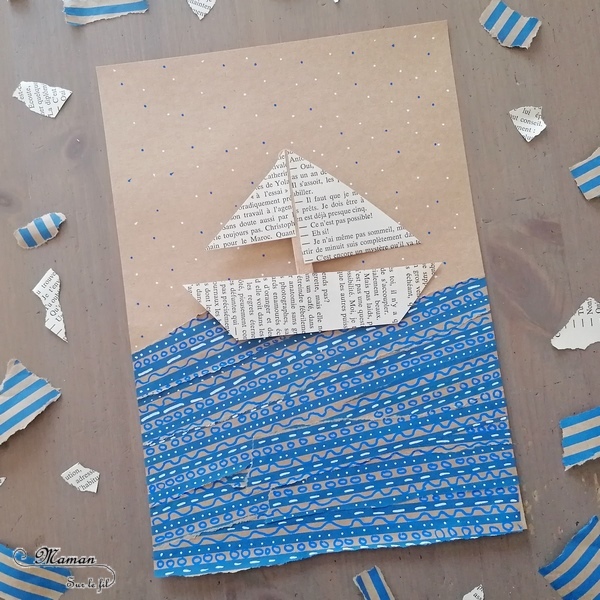 Activité créative et manuelle enfants - Fabriquer un bateau qui navigue sur la mer - Récup', papier déchiré, graphisme - Papier couleur Kraft, récup' de chutes de papier cadeau, bateau avec des pages de livre et un bâtonnet de glace en bois - dessins sur les vagues - navire qui coulisse pour naviguer sur les vagues - Thèmes océans, véhicules, été - Recyclage, surcyclage et Créativité - arts visuels et atelier maternelle et Cycle 1 et 2 - mslf