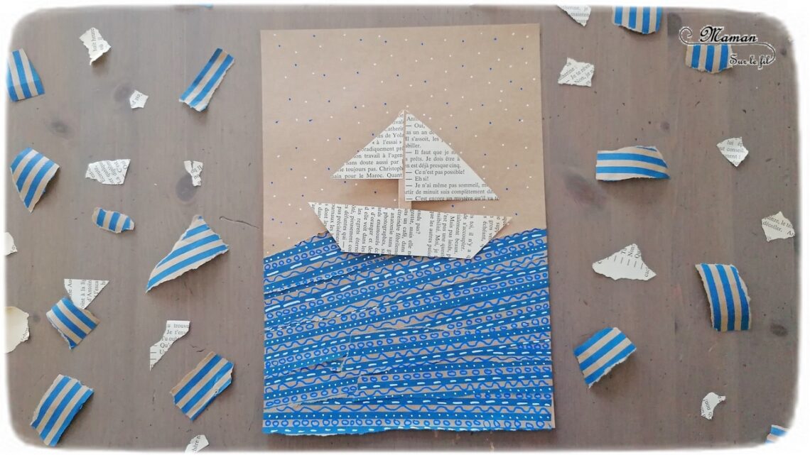 Activité créative et manuelle enfants - Fabriquer un bateau qui navigue sur la mer - Récup', papier déchiré, graphisme - Papier couleur Kraft, récup' de chutes de papier cadeau, bateau avec des pages de livre et un bâtonnet de glace en bois - dessins sur les vagues - navire qui coulisse pour naviguer sur les vagues - Thèmes océans, véhicules, été - Recyclage, surcyclage et Créativité - arts visuels et atelier maternelle et Cycle 1 et 2 - mslf