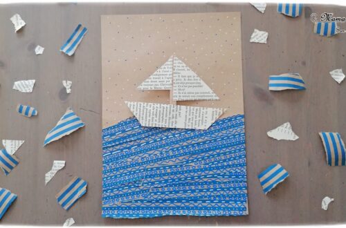 Activité créative et manuelle enfants - Fabriquer un bateau qui navigue sur la mer - Récup', papier déchiré, graphisme - Papier couleur Kraft, récup' de chutes de papier cadeau, bateau avec des pages de livre et un bâtonnet de glace en bois - dessins sur les vagues - navire qui coulisse pour naviguer sur les vagues - Thèmes océans, véhicules, été - Recyclage, surcyclage et Créativité - arts visuels et atelier maternelle et Cycle 1 et 2 - mslf
