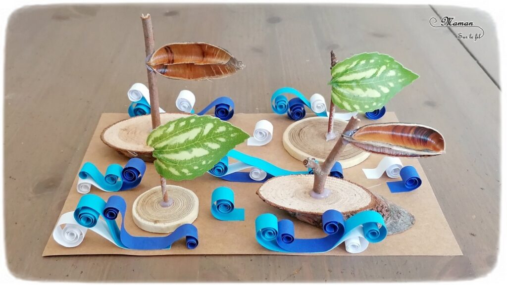 Activité créative et manuelle enfants - Fabriquer un tableau en 3D avec bateaux Nature sur vagues en quilling - Radeaux en Land art avec Loose part : rondins, feuilles, branches - spirales bleues et blanches pour les vagues de l'océan - mer et été - Relief et motricité fine - Bricolage en Récup' - Véhicules, été - Recyclage, surcyclage et Créativité - arts visuels et atelier maternelle et Cycle 1, 2 et 3 - mslf
