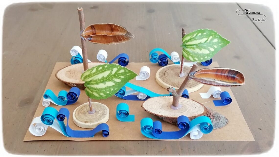 Activité créative et manuelle enfants - Fabriquer un tableau en 3D avec bateaux Nature sur vagues en quilling - Radeaux en Land art avec Loose part : rondins, feuilles, branches - spirales bleues et blanches pour les vagues de l'océan - mer et été - Relief et motricité fine - Bricolage en Récup' - Véhicules, été - Recyclage, surcyclage et Créativité - arts visuels et atelier maternelle et Cycle 1, 2 et 3 - mslf