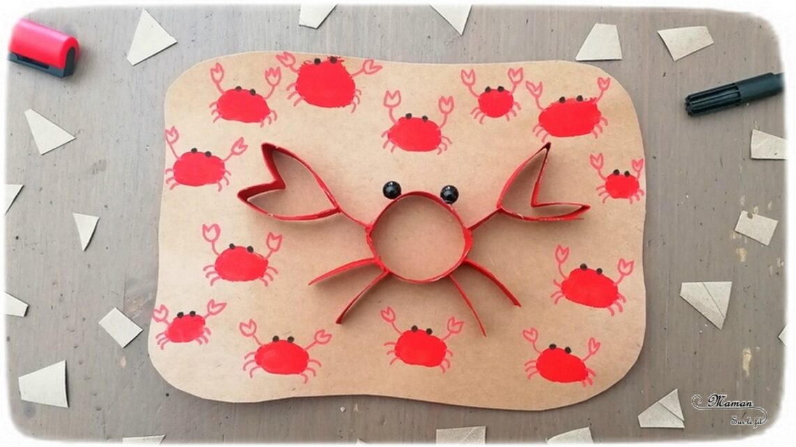 Activité créative et manuelle enfants - Crabes rouges en récup' et peinture au doigts - Rouleaux de PQ, de papier toilette - Empreintes de doigts - Collage et dessin - Graphisme - Bricolage rapide et facile - Perles noires et papier Kraft - Carton - Thèmes animaux marins, plage et été - Surcyclage et Créativité - arts visuels et atelier maternelle et Cycle 1 et 2 - mslf