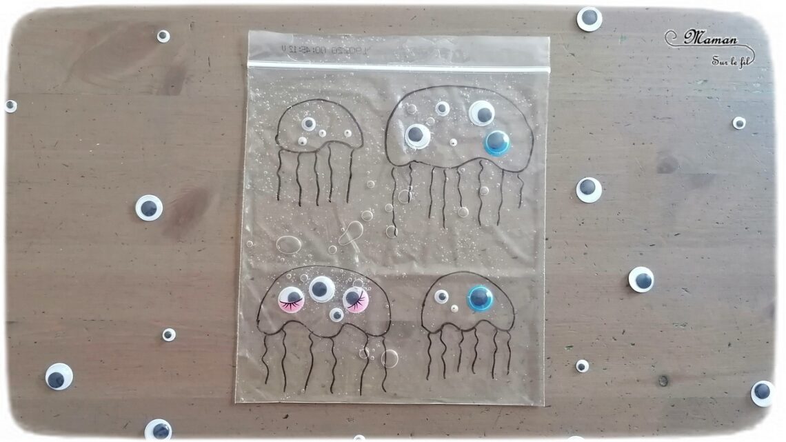 Activité sensorielle, créative et manuelle enfants - Jeu DIY sensoriel - Remets les yeux aux méduses - motricité fine - sac congélation, gel, yeux mobiles - dénombrement - association de couleurs - Dessin - Créativité - arts visuels et atelier maternelle et élémentaire - Cycle 1 ou pré-scolaire - Animaux marins et mer, océans ou été - mslf