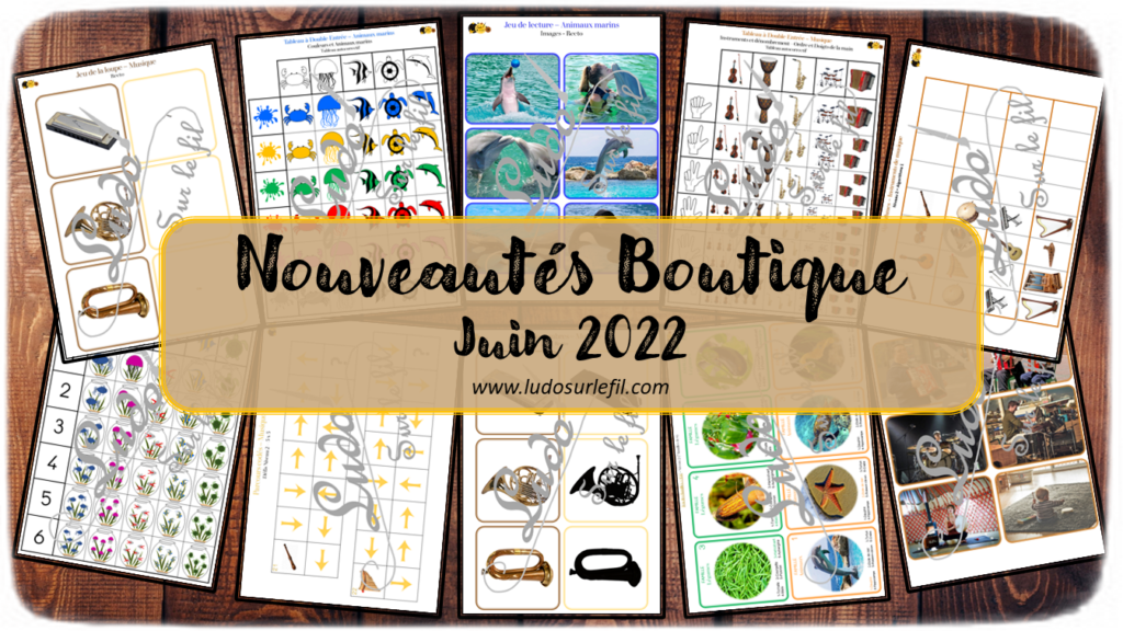 Nouveautés juin 2022 - Boutique en ligne Ludo sur le fil - fichiers jeux pdf à télécharger et imprimer ou jeux imprimés envoyés à domicile - Eté et animaux marins - Musique et instruments - Tableaux double entrée, jeu des ombres, de la loupe - Jeu de 7 familles - Jeu de lecture, parcours codés, codage, algorithmes - atelier autocorrectif multi niveaux donc progressif - Vocabulaire, lexique - Maternelle Cycle 2 - Autonomie - mslf