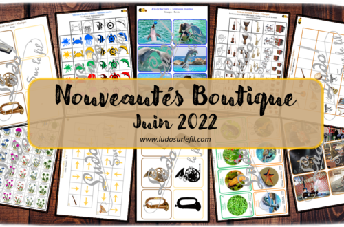 Nouveautés juin 2022 - Boutique en ligne Ludo sur le fil - fichiers jeux pdf à télécharger et imprimer ou jeux imprimés envoyés à domicile - Eté et animaux marins - Musique et instruments - Tableaux double entrée, jeu des ombres, de la loupe - Jeu de 7 familles - Jeu de lecture, parcours codés, codage, algorithmes - atelier autocorrectif multi niveaux donc progressif - Vocabulaire, lexique - Maternelle Cycle 2 - Autonomie - mslf