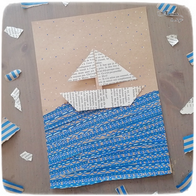 Activité créative et manuelle enfants - Fabriquer un bateau qui navigue sur la mer - Récup', papier déchiré, graphisme - Papier couleur Kraft, récup' de chutes de papier cadeau, bateau avec des pages de livre et un bâtonnet de glace en bois - dessins sur les vagues - navire qui coulisse pour naviguer sur les vagues - Thèmes océans, véhicules, été - Recyclage, surcyclage et Créativité - arts visuels et atelier maternelle et Cycle 1 et 2 - mslf