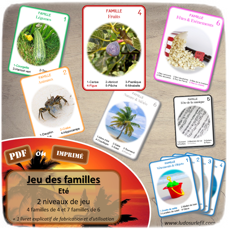 Jeu des familles de type 7 familles - Eté et saisons - Fruits, Légumes, Animaux, Vêtements et Objets, Nature et Météo, Fête et événements, Fête de la musique - 2 niveaux - parfait pour débutants et non lecteurs - initiation - PDF à télécharger et à imprimer ou jeu imprimé - lecture, logique, vocabulaire, lexique, connaissances saisons - lslf