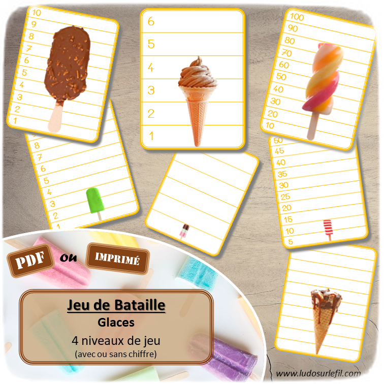 Jeu de bataille - Glaces et été - Comparaison de taille et de chiffres et nombres - 4 niveaux - avec ou sans chiffre - de 1 à 6 - de 1 à 10 - de 5 à 50 de 5 en 5 - de 10 à 100 de 10 en 10 - Progressif - Classement par ordre croissant - Rangement - Tri taille - Reconnaissance Chiffres - à télécharger et à imprimer ou jeu imprimé - Atelier maternelle et Cycle 2 - Vocabulaire aliments - lslf