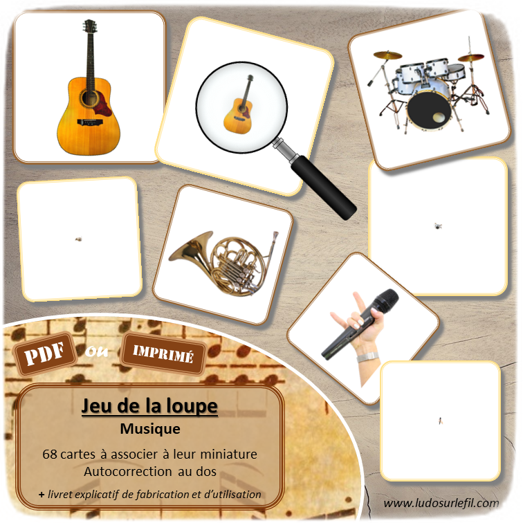 Jeu de la loupe - Musique et instruments - divers instruments et objets - à vent, à cordes, à percussion - Photos à associer à leur miniature - Apprendre à utiliser une loupe - Vocabulaire, lexique - document PDF à télécharger et à imprimer ou jeu imprimé - atelier autocorrectif et autonome maternelle - lslf