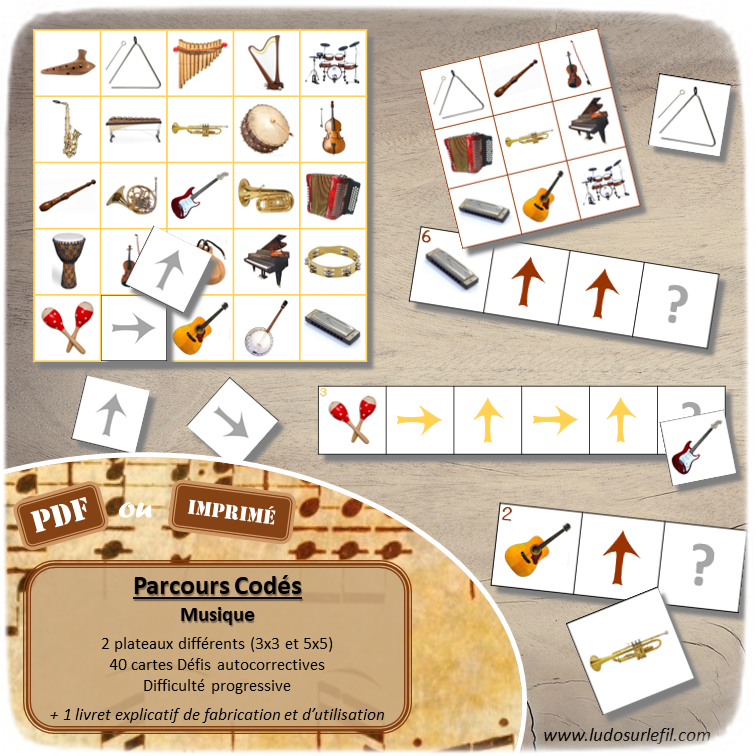 Suis les parcours codés - Instruments de musique - Fête de la musique - codage, repérage et vocabulaire spatial - jeu et atelier autonome et autocorrectif Maternelle (Cycle 1) et Primaire (Cycle 2) - Niveaux et difficulté progressifs - PDF à télécharger et à imprimer ou jeu imprimé - difficulté progressive et solutions - lslf