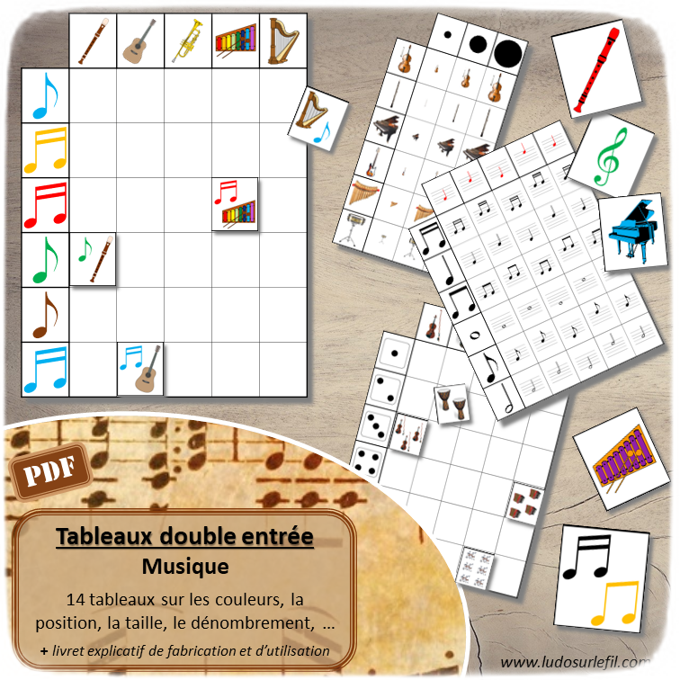 14 tableaux à double entrée - Musique - Instruments et notes - Symboles musicaux : clefs et rythmes - couleurs, position dans une partition, rangement par taille, classement Petit Moyen Grand - dénombrement, association de dessins, reconnaissance chiffres et constellations, doigts de la main - atelier autocorrectif maternelle - logique - jeu PDF à télécharger et à imprimer - représentation spatiale - mathématiques - lslf