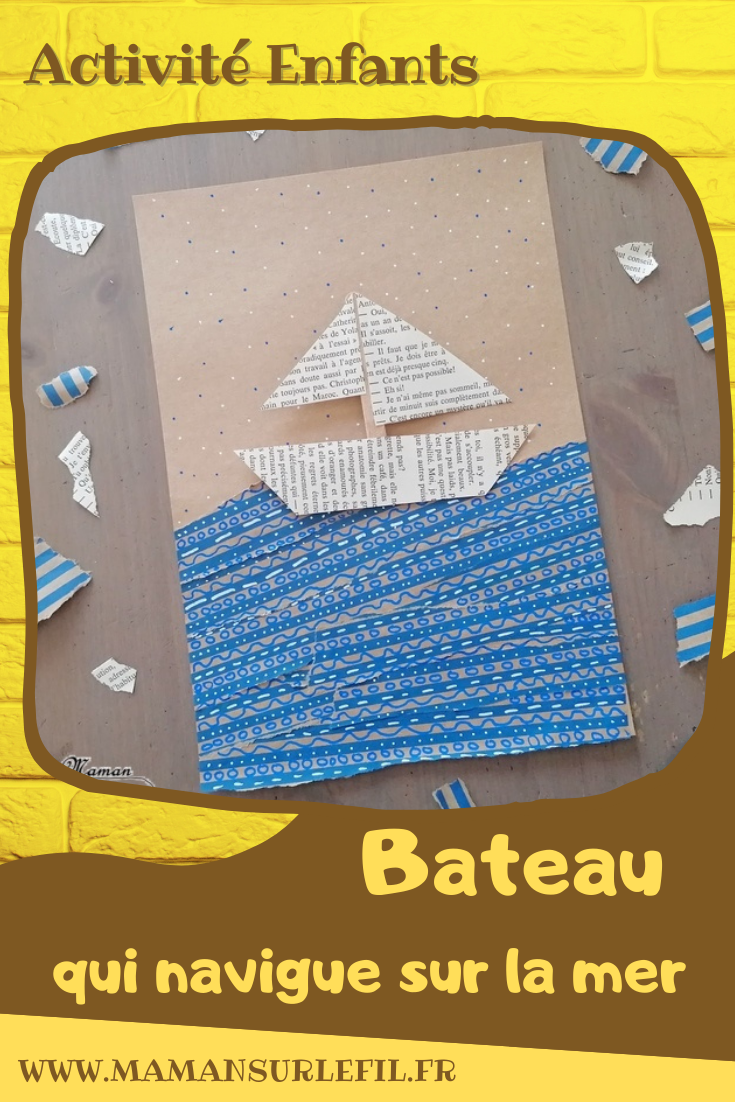 Activité créative et manuelle enfants - Fabriquer un bateau qui navigue sur la mer - Récup', papier déchiré, graphisme - Papier couleur Kraft, récup' de chutes de papier cadeau, bateau avec des pages de livre et un bâtonnet de glace en bois - dessins sur les vagues - navire qui coulisse pour naviguer sur les vagues - Thèmes océans, véhicules, été - Recyclage, surcyclage et Créativité - arts visuels et atelier maternelle et Cycle 1 et 2 - mslf