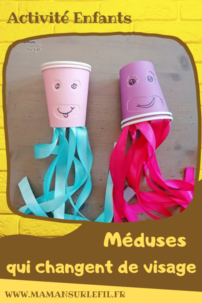 Activité créative et manuelle enfants - Jeu DIY rigolo - Des méduses en gobelets qui changent de visage, yeux et bouches - Verres en carton qui tournent - tentacules en rubans - dessin - Travail sur les émotions possibles - Créativité - arts visuels et atelier maternelle et élémentaire - Cycle 1 ou 2 - Animaux marins et mer, océans ou été - mslf