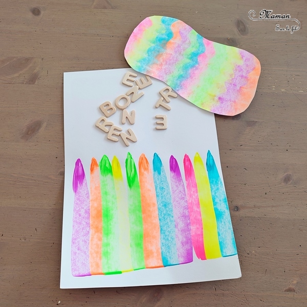 Activité créative et manuelle enfants - Crayons de couleur en peinture à la raclette - Points de peinture fluo étalés à la raclette à vitre, avec une règle ou même un bout de carton - Lettres en bois et graphisme noir pour souhaiter une bonne rentrée scolaire - Dessin - Ecole - Créativité - arts visuels et atelier maternelle et élémentaire - Cycle 1 ou 2 - mslf