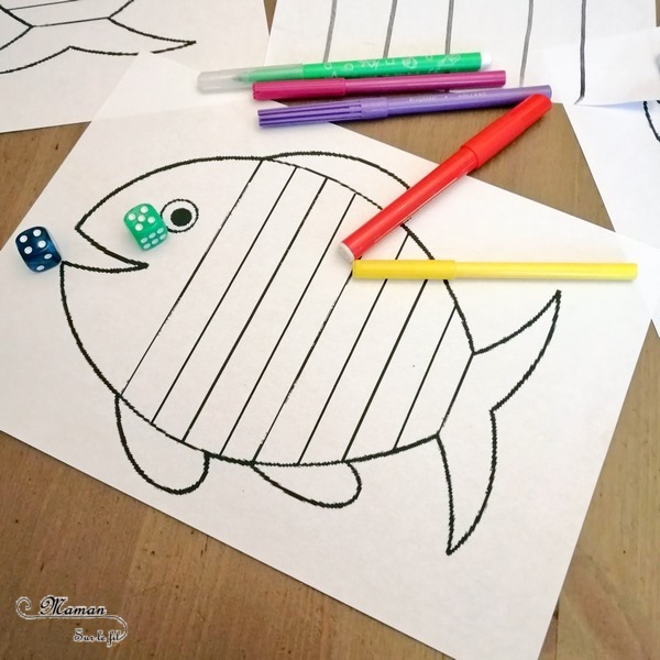 Activité créative et manuelle enfants et adultes - Poissons graphiques aux dés - Lance les dés, repère le graphisme et la couleur et décore le poisson -Dessin et Graphisme - Mathématiques, chiffres, nombres, constellations des dés, connaissances des couleurs, dénombrement de 1 à 6 - Créativité - arts visuels et atelier maternelle et élémentaire - adaptable pour Cycle 1 et 2 - Animaux marins et mer ou été - mslf