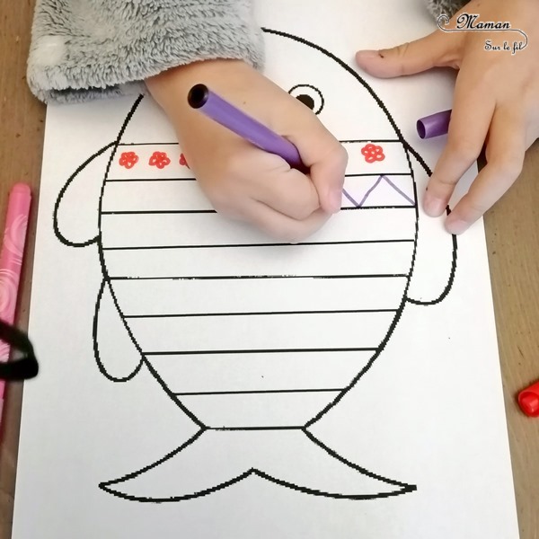 Activité créative et manuelle enfants et adultes - Poissons graphiques aux dés - Lance les dés, repère le graphisme et la couleur et décore le poisson -Dessin et Graphisme - Mathématiques, chiffres, nombres, constellations des dés, connaissances des couleurs, dénombrement de 1 à 6 - Créativité - arts visuels et atelier maternelle et élémentaire - adaptable pour Cycle 1 et 2 - Animaux marins et mer ou été - mslf