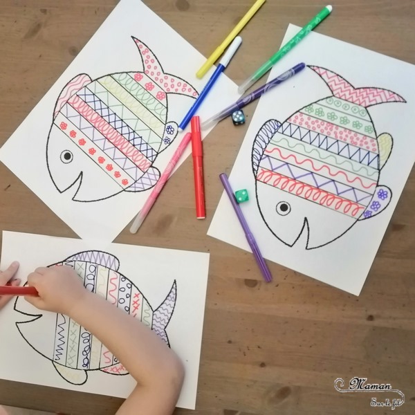 Activité créative et manuelle enfants et adultes - Poissons graphiques aux dés - Lance les dés, repère le graphisme et la couleur et décore le poisson -Dessin et Graphisme - Mathématiques, chiffres, nombres, constellations des dés, connaissances des couleurs, dénombrement de 1 à 6 - Créativité - arts visuels et atelier maternelle et élémentaire - adaptable pour Cycle 1 et 2 - Animaux marins et mer ou été - mslf