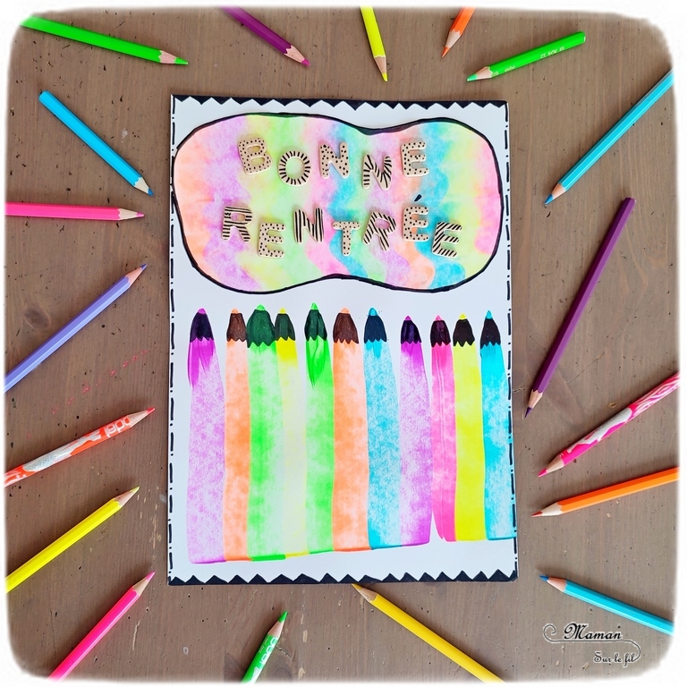 Activité créative et manuelle enfants - Crayons de couleur en peinture à la raclette - Points de peinture fluo étalés à la raclette à vitre, avec une règle ou même un bout de carton - Lettres en bois et graphisme noir pour souhaiter une bonne rentrée scolaire - Dessin - Ecole - Créativité - arts visuels et atelier maternelle et élémentaire - Cycle 1 ou 2 - mslf